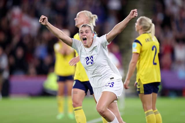 Alessia Russo celebrates scoring England's third goal during last night's Women's Euro 2022 semi-final win against Sweden. Photo by Naomi Baker/Getty Images