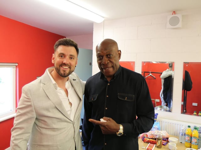 Former WBC Frank Bruno and TV and radio presenter Ryan Swain who hosted the evening back stage at Dereham Memorial Hall last Saturday evening.