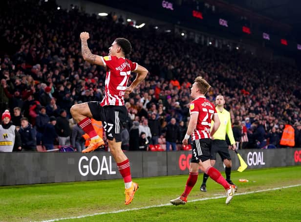 Sheffield United's Morgan Gibbs-White (left) celebrates scoring the Blades' fourth goal against Middlesbrough: Zac Goodwin/PA Wire.