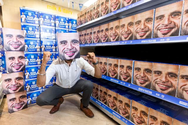 Jag Singh at his Go Local Extra store on Shoreham Street, which has been transformed into a shrine to Kyle Walker with the help of Bud Light (pic: Fabio De Paola/PA Wire)