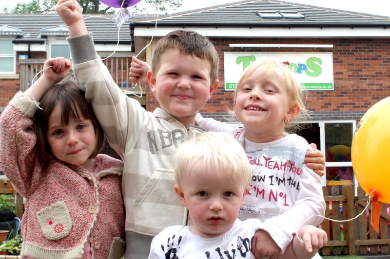 Tree Tops Nursery hold a balloon release to raise finds for the Bolsover Church youth Club. l-r: Amelia Cox, Joe Swain, Lacey Wright and Joel Mann.