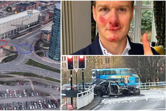 A roundabout in Sheffield was the site of two highly publicized crashes this week - one where Channel 5 presenter Dan Walker was knocked off his bike on February 20, and one where a car went up in flames after a single car crash on February 24.