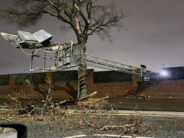 A floodlight falls victim to the storm at Hebburn Town FC - picture taken on Saturday morning. Picture: Davey J.