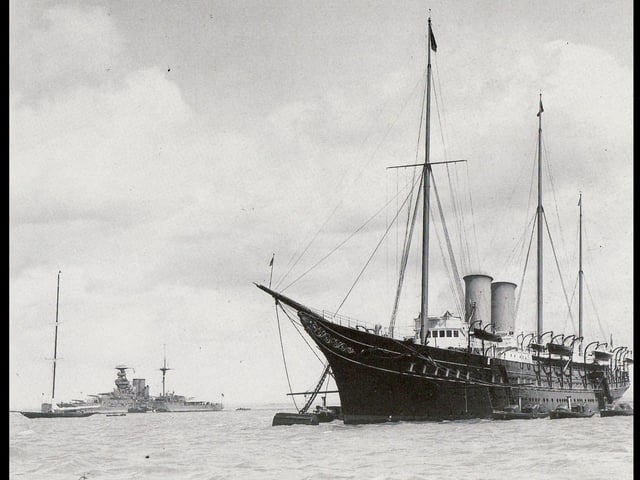 The Royal Yacht Victoria and Albert at the start of the Jubilee Fleet Review at Spithead in July 1935.