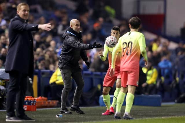 Pep Guardiola, manager of Manchester City, on the touchline during his side's 1-0 win over Sheffield Wednesday at Hillsborough tonight. (Photo by Alex Livesey/Getty Images)