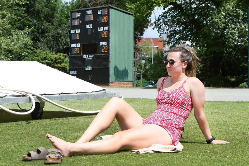 Jess Freeman topping up her tan whilst watching the cricket at Queen's Park, Chesterfield