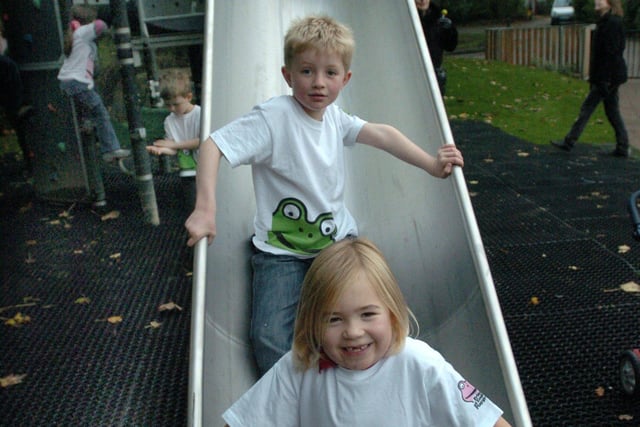 Louis Thomas, seven,  and Eva Shuttleworth, six,  on the slide in the refurbished playground at Endcliffe Park in 2008