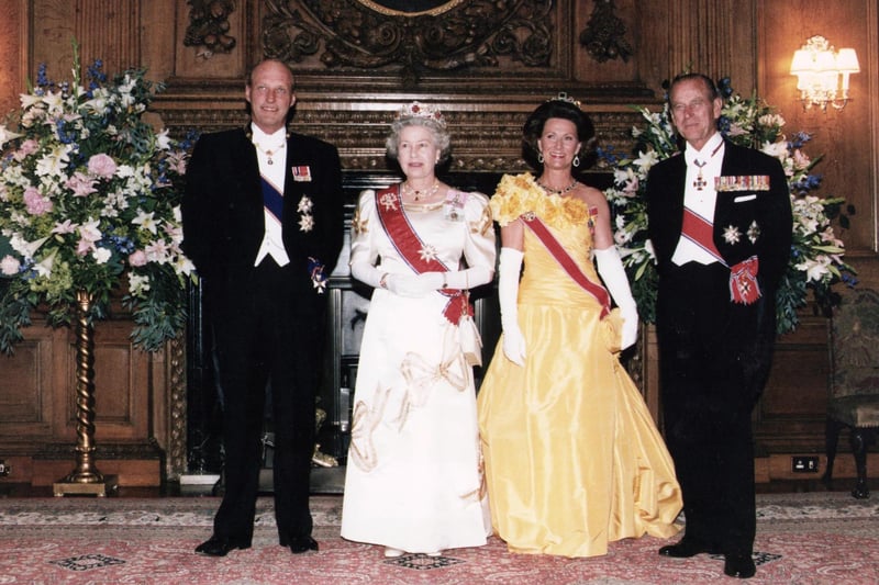 The State Visit of King Harald of Norway to Edinburgh in July 1994. Left to right: King Harald, Queen Elizabeth II, Queen Sonja and Prince Philip, Duke of Edinburgh before the State banquet at Holyrood Palace.
