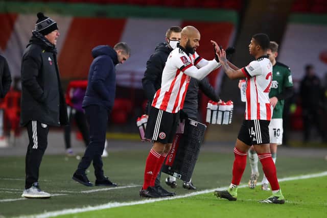 Rhian Brewster is replaced by David McGoldrick towards the end of Sheffield United's FA Cup win over Plymouth Argyle: Simon Bellis/Sportimage