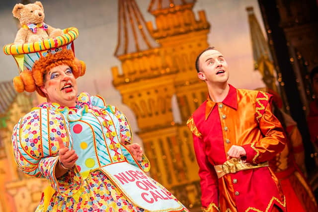 Dame Damian Williams as Nurse Nellie and Ben Thornton as jester Jangles in Sheffield Lyceum Theatre pantomime Sleeping Beauty