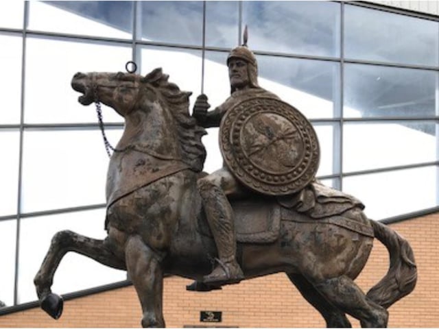 This sculpture of a knight on horseback is at Doncaster Knights' Castle Park stadium .