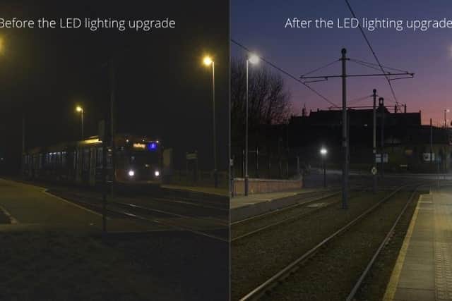 Before and after the lighting upgrade across the Supertram network.