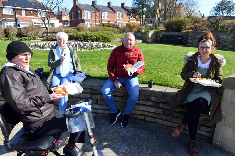 Out and about on Good Friday on The Headland. From left, Arthur Woolhouse and wife Ann Woolhouse with son Paul O'Donovan and daughter Tracey Murphy  enjoying fish and chips from Verrills.