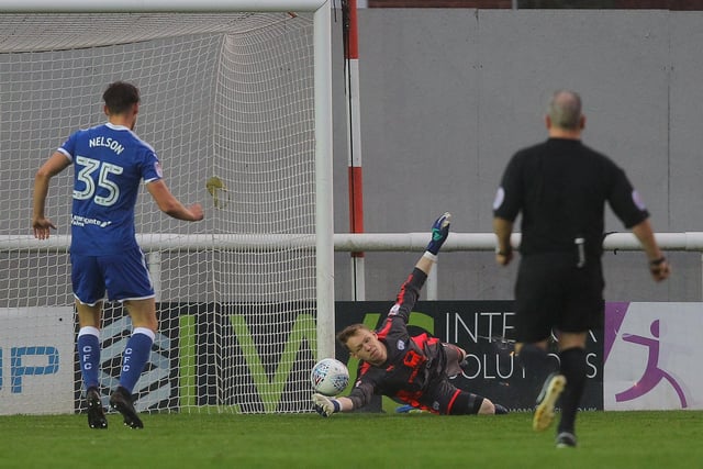 Aaron Ramsdale makes a good early save in the match at Exeter. The Stoke-born keeper arrived at Chesterfield as a widely regarded hot prospect having been signed by Premier League Bournemouth for a fee in the region of £800,000 from Sheffield United.