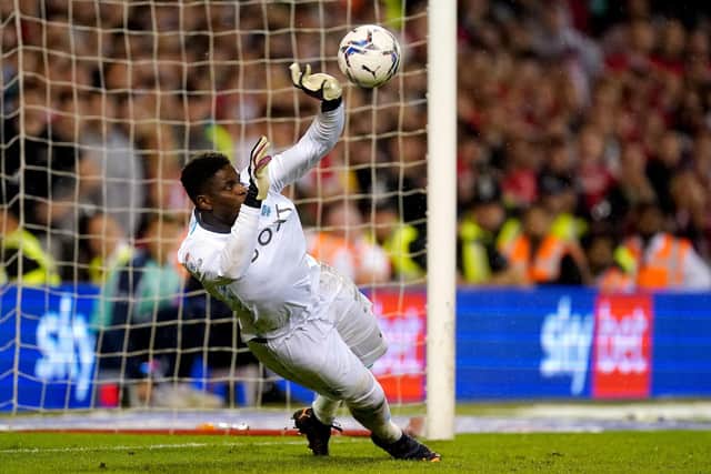 Nottingham Forest goalkeeper Brice Samba saves the penalty of Sheffield United's Oliver Norwood during the Sky Bet Championship play-off semi-final, second leg match at the City Ground, Nottingham. Picture date: Tuesday May 17, 2022. PA Photo.