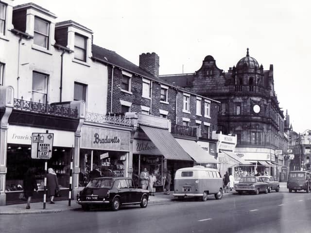 Shops on West Street, Sheffield, in 1967, including Bradwells, Francis Sinclair, Wilsons, Shaws and Boots Chemist