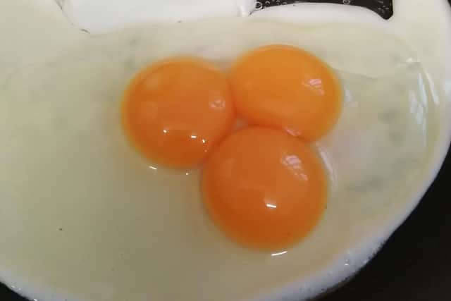 Diane Gray, of Sheffield, cracked open her egg to discover an extremely rare triple-yolk.