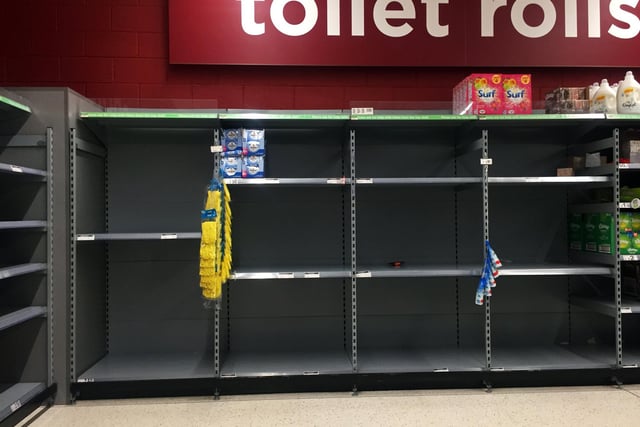 Panic buying had stripped the shelves of toilet roll at Asda Supermarket, Edlington yesterday.  Picture: NDFP-17-03-20 EmptyShelves 15-NMSY