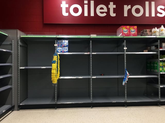 Panic buying had stripped the shelves of toilet roll at Asda Supermarket, Edlington yesterday.  Picture: NDFP-17-03-20 EmptyShelves 15-NMSY