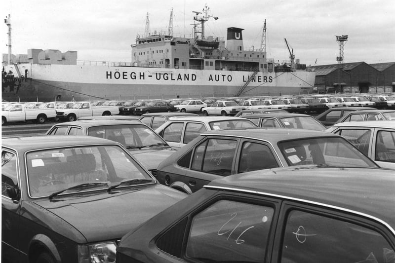 Cars which were imported into Hartlepool docks in the 1980s with the carrier Autoroute pictured in the background.