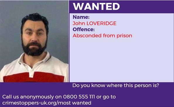John Loveridge is wanted for absconding from prison. The crime happened in Hayling Island