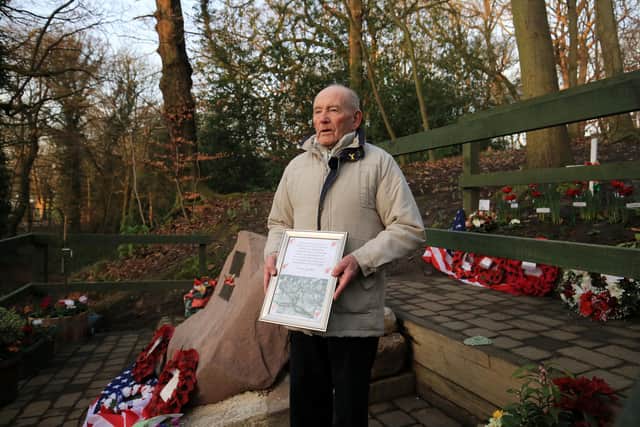 Mi Amigo flypast at Endcliffe Park in Sheffield. Friday February 22nd 2019. Tony Foulds is pictured at the memorial. Picture: Chris Etchells