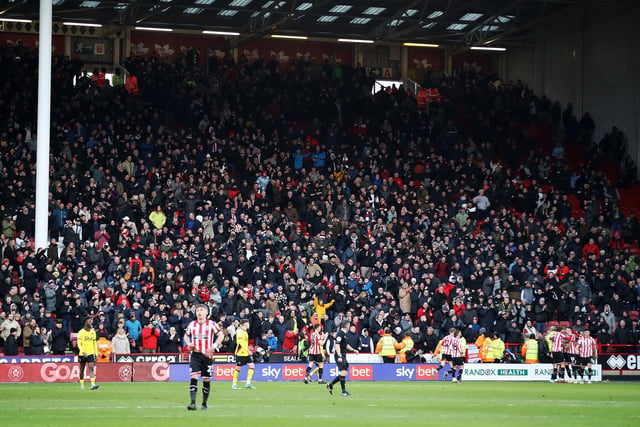 Sheffield United fans celebrate a goal during the Sky Bet Championship match at Bramall Lane. Isaac Parkin/PA Wire.