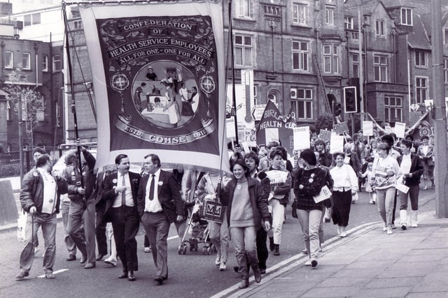 Health workers marched from Weston Park Hospital in protest against health cuts and our picture shows part of the group near the Children's Hospital, Sheffield, in May 1987