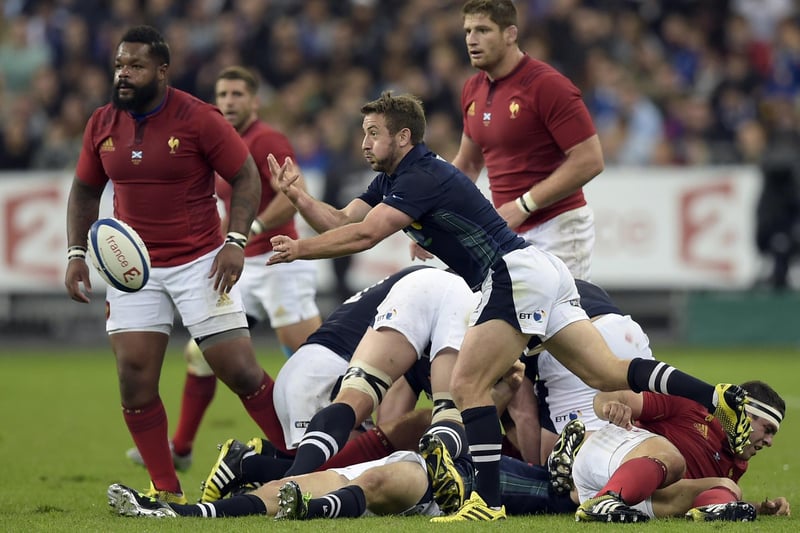 September 5, 2015, autumn test: France 19, Scotland 16
Greig Laidlaw converted a Tommy Seymour try and scored three penalties in this 2015 Rugby World Cup warm-up but France ended up a penalty ahead.
Here Laidlaw clears the ball at the Stade de France in Saint-Denis, north of Paris. (Photo: Lionel Bonaventure/AFP via Getty Images)