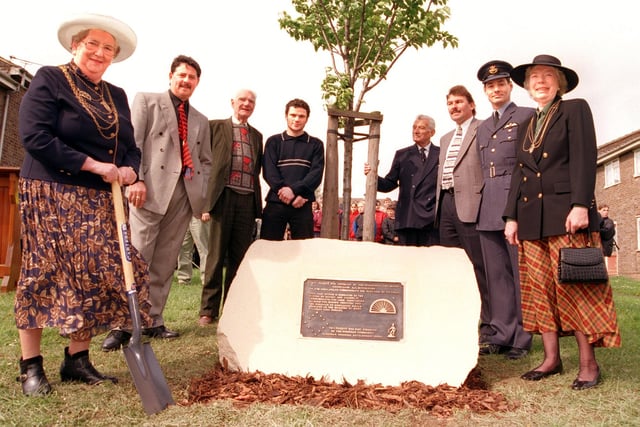 The Mayor and Mayoress of Doncaster, Councillor Sheila Mitchinson (left), and Audrey Gregory (right) are pictured at the community tree planting and plaque unveiling  in 1998 with, from left, Darts player Dennis Priestley, former miner Leslie Bamforth, boxer Jon Jo Irwin,  Air Vice Marshall Johnny Johnson, former Sheffield United player Geoff Salmons and Gulf War pilot John Peters.