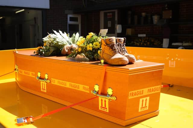 Honouring his last wishes, George's family arranged for him to be taken to his funeral at Grenoside Crematorium on the back of an MKM lorry. Picture: Cerys Molloy