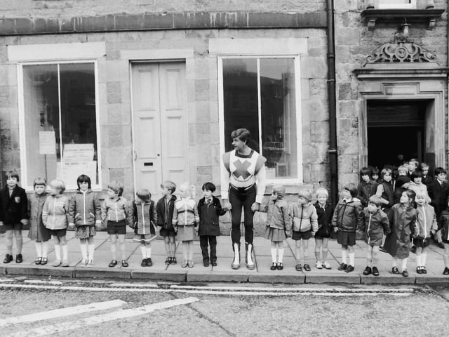The 'Green Cross Code Man' in Melrose, May 1982.
