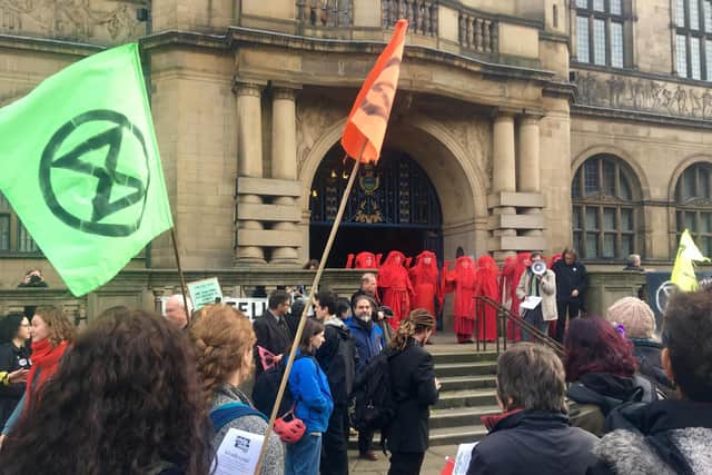 Extinction Rebellion climate activists protesting outside Sheffield Town Hall. Sheffield Council is this week discussing its action plan to tackle climate change.