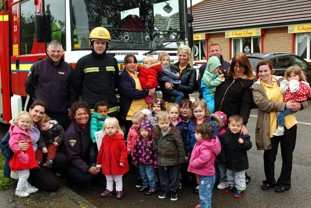 Staff and children from Clevercloggs Nursery with firefighters from Green watch at Stranton Station in 2013. Are you in the picture?