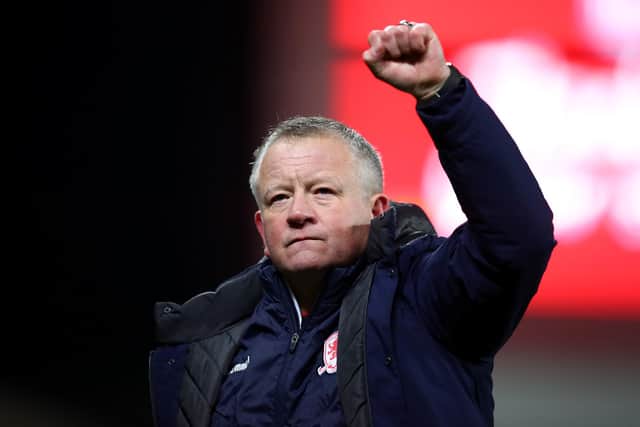 Middlesbrough manager Chris Wilder applauds the fans at the final whistle during the Sky Bet Championship match between Stoke City and Middlesbrough at Bet365 Stadium on December 11, 2021 in Stoke on Trent, England. (Photo by Jan Kruger/Getty Images)