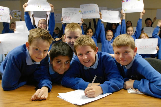 Pupils taking part in an interactive spelling bee competition in 2008.