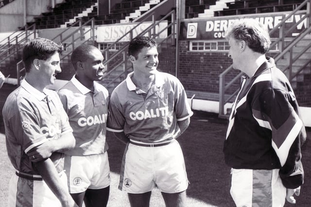 Chesterfield FC photo call - 25th July 1990. Pictured are manager, Paul Hart (right) with players, left to right, Bryn Gunn, Calvin Plummer and Tony Brien.