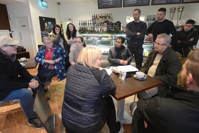 MP Andrew Bingham was met by over thirty residents when he visited the Gherkin Cafe in New Mills in 2013 to discuss the refusal of planning permission for it to open as a wine bar in the evenings