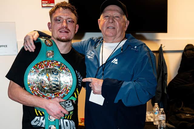 Dalton Smith and his grandad after winning the WBC Pic courtesy of Mohsin Hussain via Matchroom