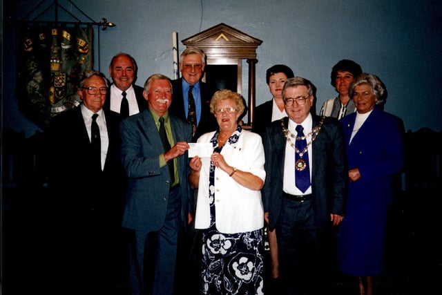 Local Masons made a donation to Penistone Paramount in 2000, pictured left to right, back row: Paul healey and Tony White (Penistone Lodge), Amanda Stocks and Liz Wright (penistone town council), front row: Oswald Wright, Keith parkin (Master of pengestone lodge),Councillor Betty Elders, Mayor of Penistone Councillor Joe Unsworth and Councillor Maureen Harrison.