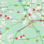Image by AA Traffic and Google Maps. Damage to the central reservation on the M18 near Doncaster is causing severe delays this morning.