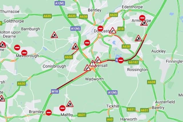 Image by AA Traffic and Google Maps. Damage to the central reservation on the M18 near Doncaster is causing severe delays this morning.