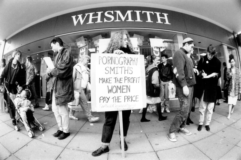Members of Sheffield Campaign Against Pornography, petitioning for the 'Off the Shelf' campaign outside W.H. Smiths, Fargate. Jan 1990