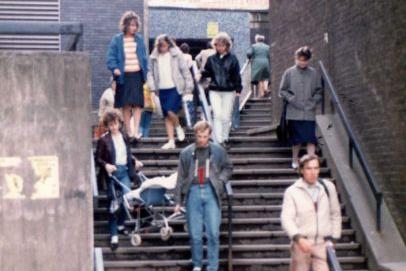 Steps to the subway under Arundel Gate from junction of Pond Street and Flat Street, 1986