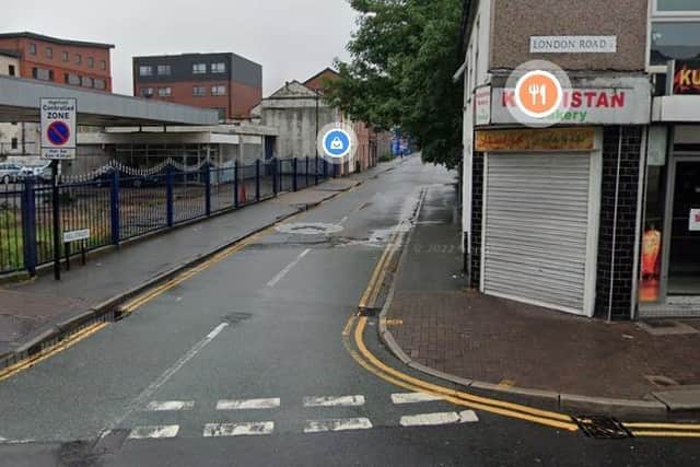 A Google Maps view of the junction of London Road and Hill Street, where Sheffield Council is planning a light-controlled pedestrian crossing and closure of the side street to road traffic