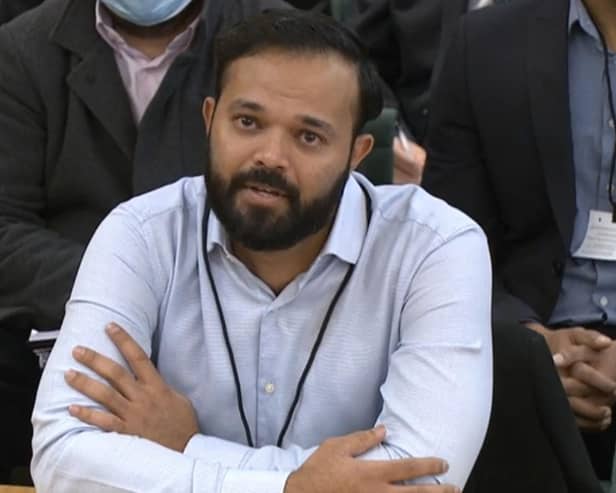 Former cricketer Azeem Rafiq crying as he gives evidence at the inquiry into racism he suffered at Yorkshire County Cricket Club, at the Digital, Culture, Media and Sport (DCMS) committee on sport governance at Portcullis House in London. Picture date: Tuesday November 16, 2021.