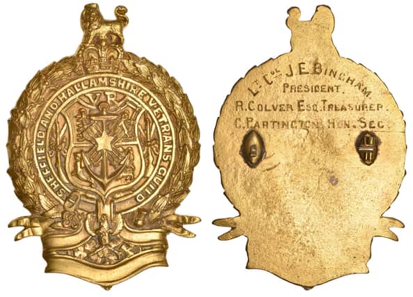 Badges, Military: Sheffield & Hallamshire Veterans Guild, brass, named (Lt. Col. J.E. Bingham, President, R. Colver, Esq, Treasurer, C. Partington, Hon. Sec.), 75 x 53mm. Pin for suspension detached, otherwise very fine and very rare £60-£80. The Sheffield & Hallamshire Veterans Guild was established in 1892 as a result of public outcry up and down the country at the way soldiers who had served in the Crimea and the Indian Mutiny were treated. Many had taken to begging on the streets and there were calls in Parliament for pensions to be raised. In Sheffield the Guild, known by its full title as the Sheffield and Rotherham Crimean and Indian Veterans' Relief Association, was founded by Sir John Edward Bingham, Bt (1839-1915), a master cutler, head of the firm of Walker & Hall and living in Upper Hallam, and a public subscription was set up to raise funds to supplement soldiers’ annual pensions. Early in its existence it was supporting some 130 pensioners, but by the time of the 1901 annual dinner numbers had dropped to 53. The Guild was wound up after World War I. 
Dix, Noonan, Webb