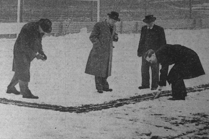 Pools were due to play Accrington Stanley at the Victoria Ground in February 1956 but it was called off after this pitch inspection. Photo: Hartlepool Museum Service.