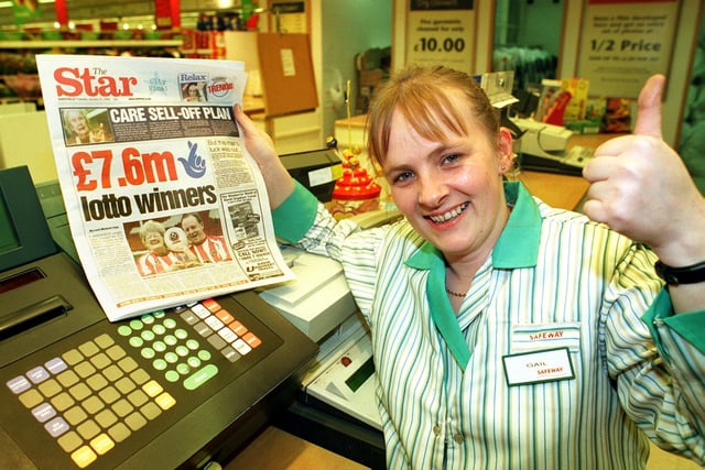 Pictured is Gail Morris of Safeway Supermarket, Meadowhead, in 2000, who sold the winning lottery ticket to jackpot winners Barbara and Ray Wragg