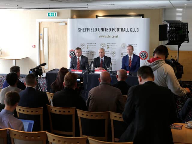 Chris Wilder faces the media as the new Sheffield United manager, alongside Kevin McCabe and Alan Knill: Simon Bellis/Sportimage